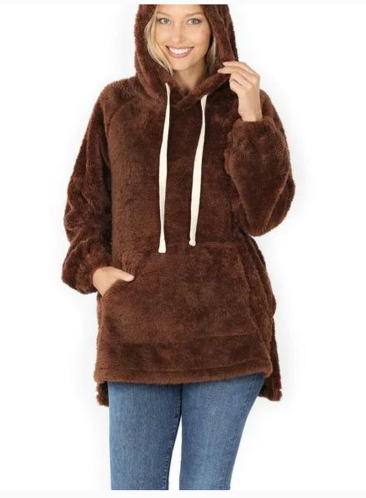 Faux Fur Long Pullover Hoodie - Brown