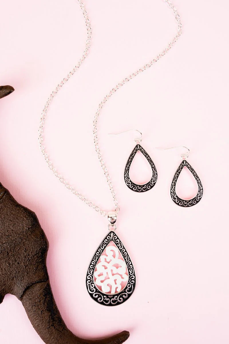 Silvertone Filigree Teardrop Necklace & Earrings