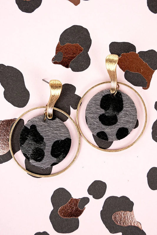 Goldtone & Gray Leopard Disc Earrings