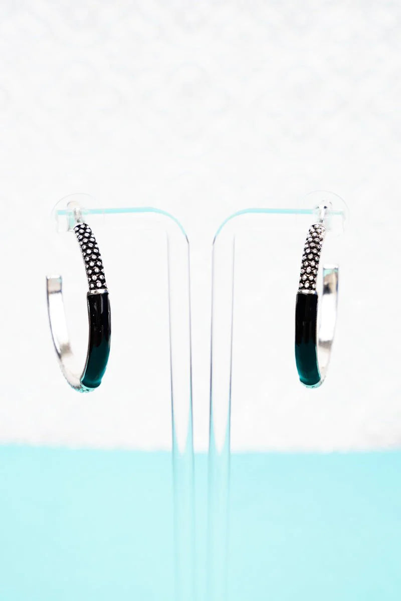 Black Bar Silvertone Dotsero Hoop Earrings