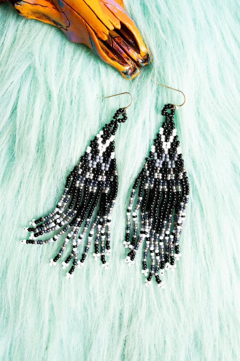 Black Seed Bead Fringe Earrings