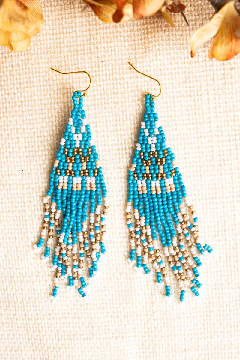 Turquoise Seed Bead Fringe Earrings