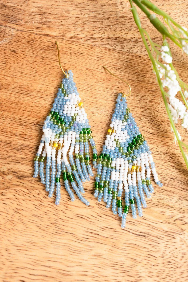 Floral Blue Seed Bead Fringe Earrings