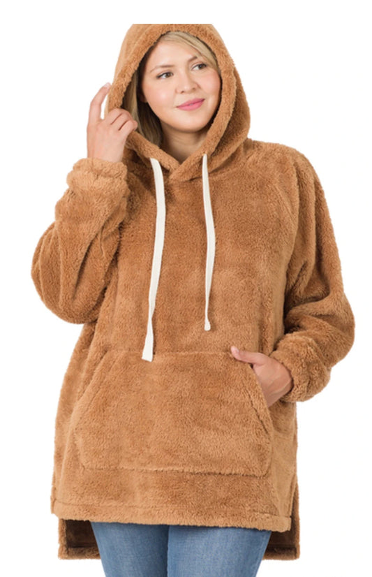 Faux Fur Long Pullover Hoodie - Camel