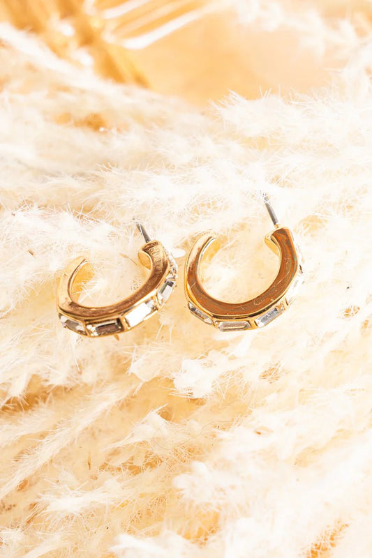 Baguette Cut Crystal Hoop Earrings - Goldtone