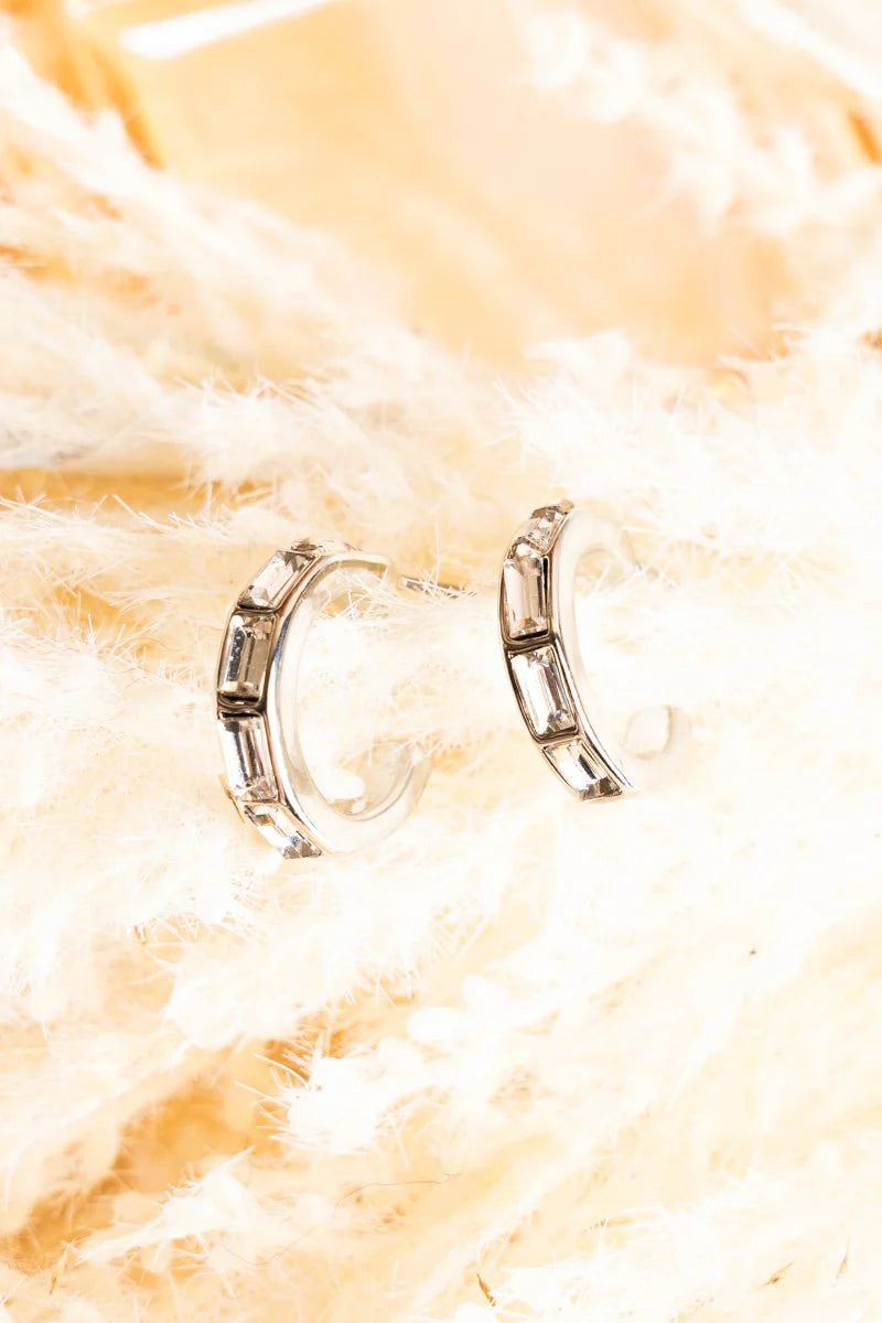 Baguette Cut Crystal Hoop Earrings - Silvertone