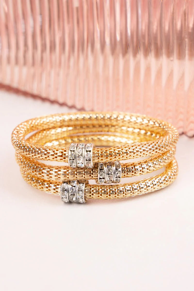 Textured Weave Chain & Rhinestone Goldtone Bracelet Set