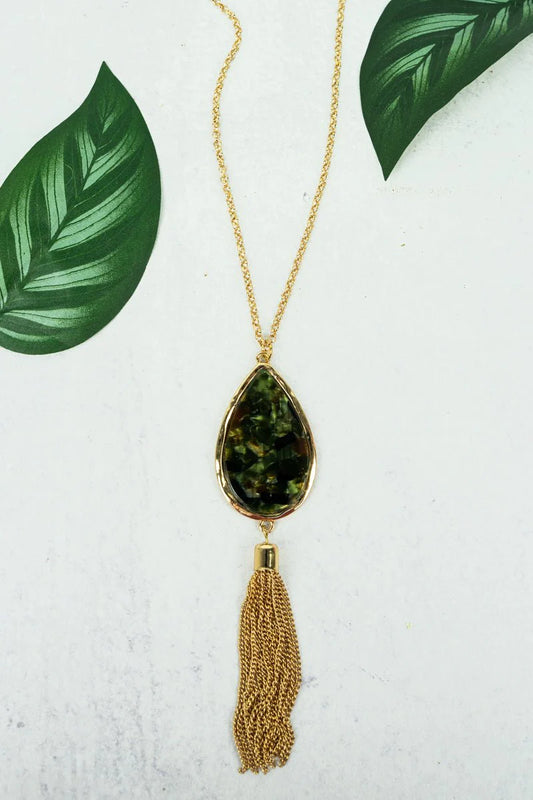 Olive Tassel Necklace & Earrings Set