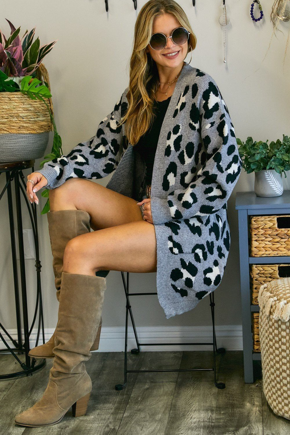 Plus Leopard Knit Long Cardigan