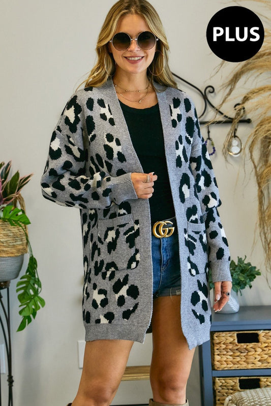 Plus Leopard Knit Long Cardigan