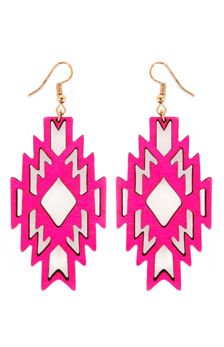 Fuchsia Wood Aztec Diamond Earrings