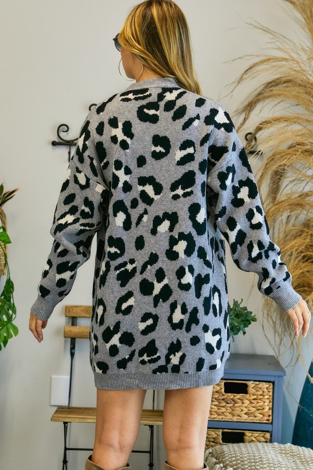 Plus Leopard Knit Long Cardigan